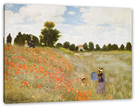 Pixxprint Claude Monet - Mohnfeld II, Größe: 120x80cm, Leinwandbild, fertig gespannt, Wandbild, Dekoration, Kunstdruck, kein Poster