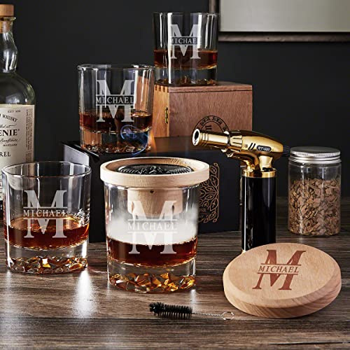 Halo Whiskey Smoker Gift Set 9pc with Four 11.5 oz Engraved Oakmont Glasses