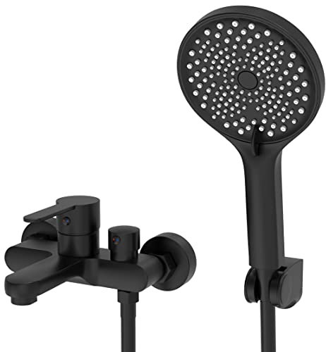 EGSO Badewannenarmatur Schwarz mit Handbrause groß 130MM Mischbatterie Badewanne mit Brause, Duscharmatur mit Duschkopf 3 Funktionen,Wandmontage Dusche set