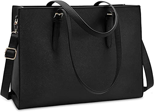 Laptopväska för kvinnor vattentätt lätt läder 15,6 tum dator kontorsväska stor kapacitet kontor portfölj axelväska professionell kontor arbetsväska svart, Svart, Large