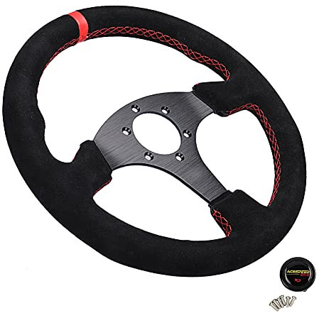 Auto Universal 13 Zinch 330mm Racing Flaches Lenkrad Leder simuliertes Spiel Karting Sportlenkrad (Color : 6028BK MS RD RD)