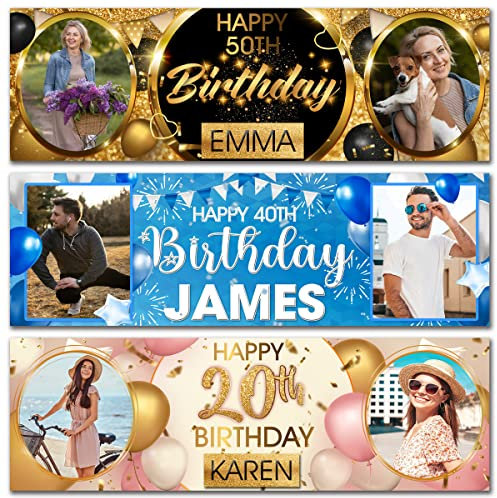 2 personalisierte Geburtstagsbanner Foto Rose Gold Rosa Feier Poster Dekoration Stern Ballon Wimpelkette Party Banner 16. 18. 21. 30. 40. 50. 60. 70
