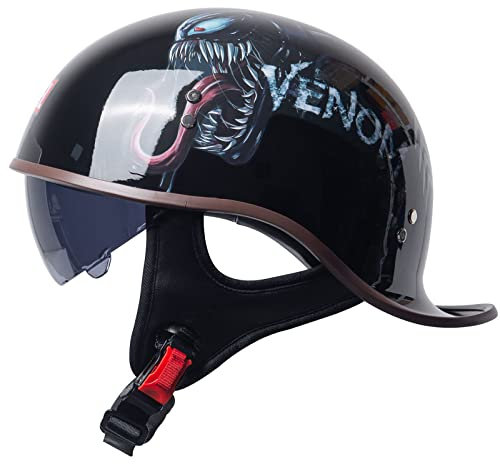 Halbgesichtshelm Für Erwachsene, DOT/ECE-Geprüft, Männer, Frauen, Deutscher Stil, Offener Helm Mit Sonnenblende Für Roller, Moped, Vespa, Motorrad, Schädelkappe, Vintage-Helm,Venom,L