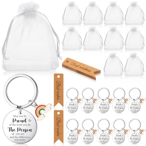Herdear 30 Pcs Thank You Gifts for Colleagues Employee Appreciation Gifts Keyring Rainbow Inspirational Keychain Cards White Organza Bags for Women Men Nurse Teacher Staff Retirement