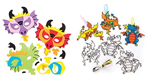 Baker Ross Dragon Foam Mask Kits - Pack of 4, Chinese New Year Crafts For Kids (AT636) & Dragon Suncatchers - Pack of 10, Chinese New Year Crafts (FE264)