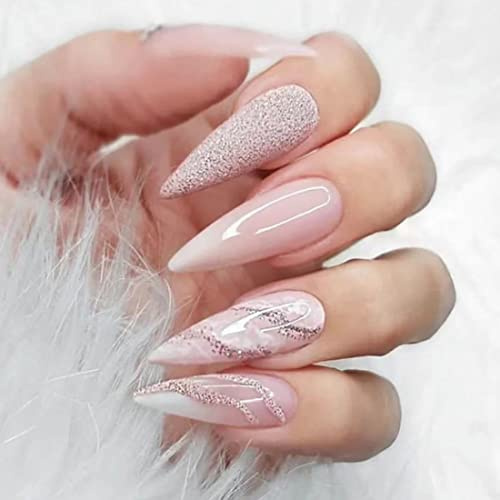 JUSTUSNX 24 Stück lange Stiletto French Fake Nails Rosa Farbverlauf Künstliche Nägel Marmor mit gewelltem Linien-Design Drücken Sie auf Nägel für Frauen und Mädchen