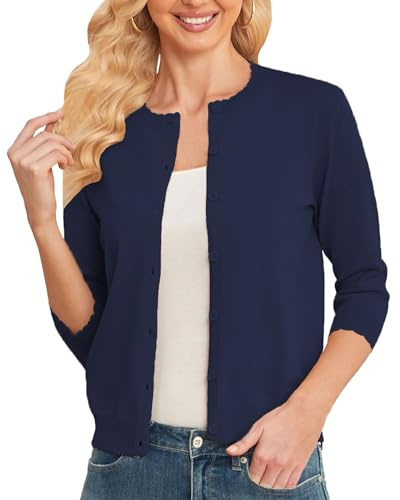 CUNYI Cardigan Donna Corto Manica 3/4 Coprispalle Elegante Maglione Leggero Girocollo con Bottoni, Blu Navy XXL