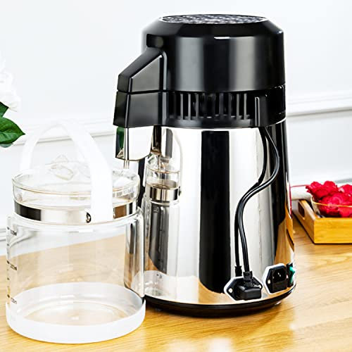 RETRIN Distillatore d'Acqua Purificatore Acqua 4L Acqua Distillazione 750W Depuratore Filtri Distiller Acqua Pura Water con Brocca di Vetro 1L/H(Argento+Controllo della Temperatura),220V