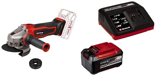 Einhell Amoladora angular con batería TE-AG 18/115 Q Li-Solo Power X-Change (18V, 115mm, diámetro de disco, 28 mm de profundidad de corte, ranura Quick Fix, sin disco de corte)+ Starter Kit 5,2Ah