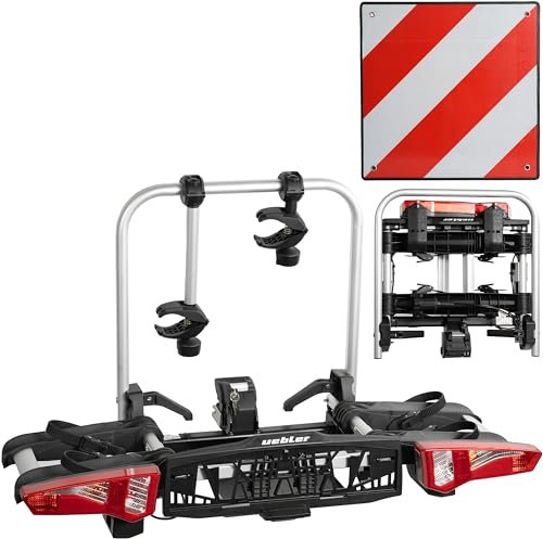 Uebler Fahrradträger i21 60° für 2 Fahrräder Auto Kupplungsträger klappbar E-Bike MTB inklusive reflektierende Warntafel 50x50cm + 4 Spanngummis