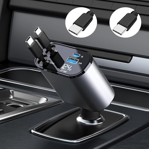Thlevel Retractable USB C Car Charger Socket Adapter 60W with 2 Stretchable PD Cables Voltmeter LED Compatible with iPhone iPads Samsung Huawei for 12V 24V Caravan Motorhome