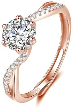 Deyanse Silber Damen Ringe, 925 Sterling Silber Verlobungsring mit Weiß Rund Zirkonia, Rosegold Ring Größenverstellbar Partner Ringe, Moden Eheringe Trauringe Damenring, Geschenk für Braut Mutter