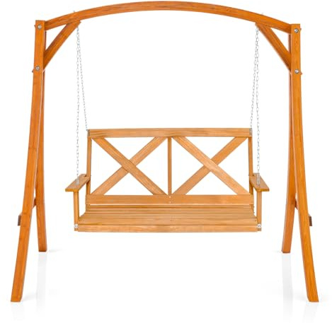 RELAX4LIFE Swing Chair and Stand, Outdoor 2-Seater Swing Bench with A-Shaped Frame, Adjustable Chains, All-Weather Solid Wood Hanging Chair Set for Backyard Garden Poolside (Swing Chair + Stand)