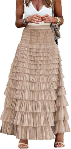 Maxi Skirts Long Tulle Skirt Women Layered Tiered Tulle Maxi Skirt Mesh A Line Flared Elastic Waist Party Skit Long Cake Skirt Lightweight and Comfy Stylish Long Skirt(Khaki,Medium)