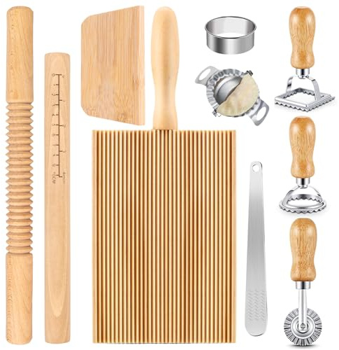 10 Pcs Pasta Making Tools Kit, Wooden Threaded Rolling Pin, Rolling Pin With Scales, Gnocchi Board, Dough Scraper, Dumpling Maker, 5 Ravioli Stamp Maker Cutter For Pasta Maker And Kitchen DIY Gift