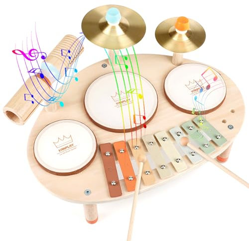 Vanplay Kinderspielzeug ab 3 Jahre Schlagzeug Kinder Trommel 9 In 1 Holzspielzeug Musikinstrumente Montessori Spielzeug Geschenk 3 4 5 6 Jahre Junge Mädchen