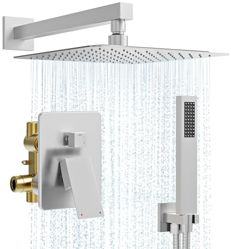 Kurpot Shower System, 10'' High Pressure Brushed Nickel Shower Head with Handheld Spray Combo, Included 59'' Shower Hose, Shower Trim Kit and 2-IN-1 Diverter, Bathroom Shower Faucet Set with Valve