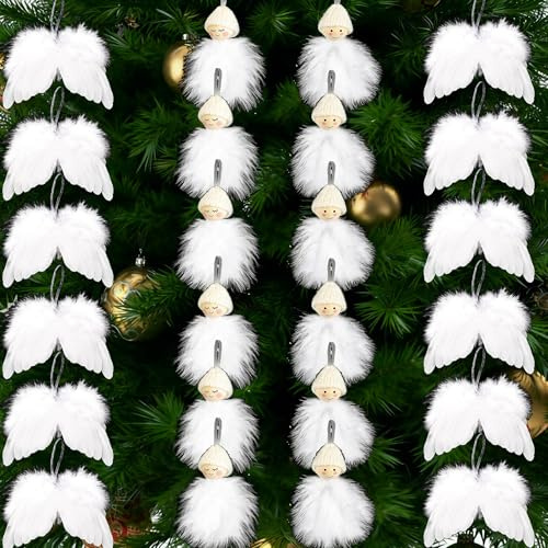 24 pcs Weihnachtsbaumschmuck Engelsflügel,Christbaumschmuck Weiß,Federn Weihnachtsschmuck Weiß,Vintage Feder Weihnachtsschmuck,Engel Anhänger,für Draußen Drinnen Weihnachten Hochzeit Zuhause Party