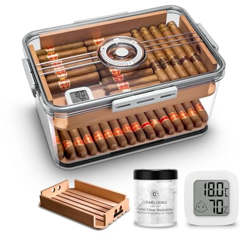 CIGARLOONG Zigarren-Humidor, eingebautes Regal aus Zedernholz mit Hygrometer und Luftbefeuchter, transparente Aufbewahrungsbox aus Acryl für Zigarren (L (für 80–100 Zigarren))
