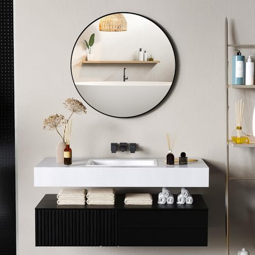 HOMCOM Miroir Rond, Miroir Salle de Bain, diamètre 70 cm, Cadre en métal, Miroir Mural, Facile à Installer, pour Chambre, Salon, entrée, Noir