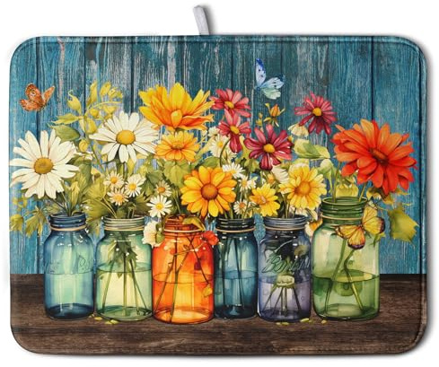 Daisy Dish Drying Mat for Kitchen Counter 18x24 Inch Rustic Vintage Flower Vases Drying Mats Microfiber Absorbent Dishes Drainer Mats Farmhouse Floral Wooden Board Dish Rack Pad