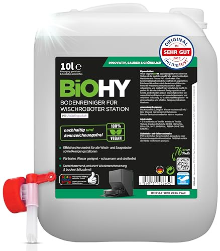 BIOHY Nettoyant pour sol pour station de robot laveur avec parfum de printemps (bidon de 10 litres) + robinet d’écoulement | Nettoyant concentré pour tous les robots laveurs et aspirateurs avec