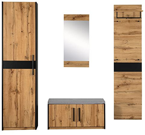 infirack Garderoben Set 4-teilig mit Spiegel und Sitzbank, Garderoben Set, Garderobenmöbel,Garderoben-Set, Stylishe Kompaktgarderobe mit 4 Kleiderhaken, Stangen und Ablage, Praktischer Wandgarderobe