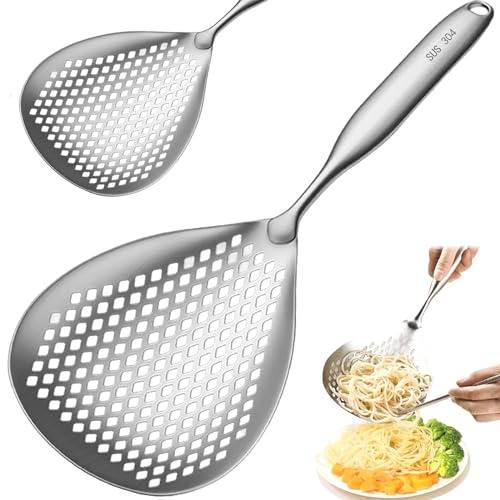 Skimmer Spoon Stainless Steel Pasta Spider Strainer Skimmer Ladle Spoon for Frying and Cooking, Thickened Frying Strainer Spoon, Kitchen Cooking Skimmer Colander