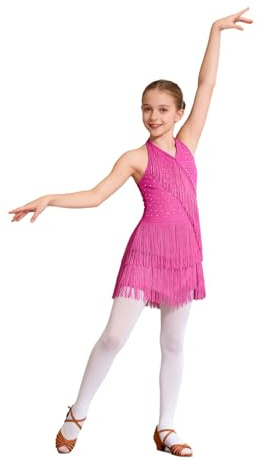 Jugaoge Kids Girls Latin Jazz Dance Dress Tango Rumba Samba Dance Performance Fringe Skirt Leotard Dancewear Hot Pink 13-14 Years