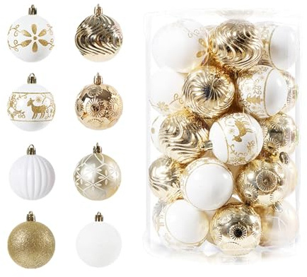 Set di 34 palline di Natale infrangibili, decorazioni per albero di Natale in oro bianco per vacanze, matrimoni, feste, casa e decorazioni natalizie (6 cm, 6 cm)
