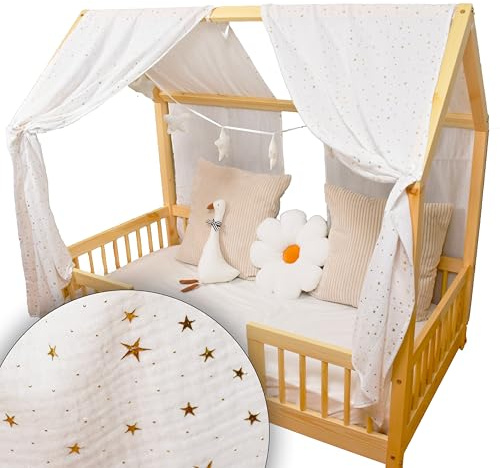 YellowNest Tenda per Letto Montessori (2 Pezzi) - Tenda Letto Bambini per Letto 70x140cm - 100% Mussola di Cotone - Con Ghirlanda (Bianco Ghirlanda, 62 x 270 cm (2 Pezzi))