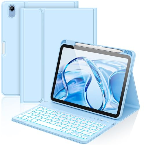 aMZCaSE Keyboard Case for iPad A16 11/10th Generation(11/10.9Inch) | 7 Colors Backlight Detachable Folio Keyboard Cover,UK Layout with Pen Holder for iPad 10/11 Gen 2022/2025(Light Blue)