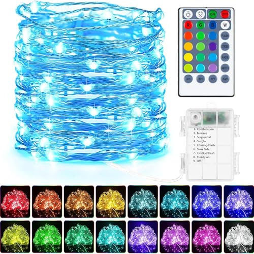 LED Lichterkette mit Batterie Innen 50 LED 16 Farbwechsel Akku RGB Lichterkette Superhelle Lichter mit Fernbedienung Timer für Weihnachtsdekorationen im Innen- und Außenbereich（1 Stück,RGB ）