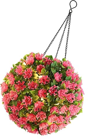 HEALLILY Bola topiaria artificial con luz solar con flores rosadas, resistente a la intemperie, LED, decoración de jardín, esfera floral sintética para bodas al aire libre y ambiente de patio