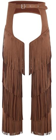 Agoky Western Cowboy Chaps for Men Adult Assless Layered Fringe Motorcycle Chaps Pants Costume Dark Brown Large