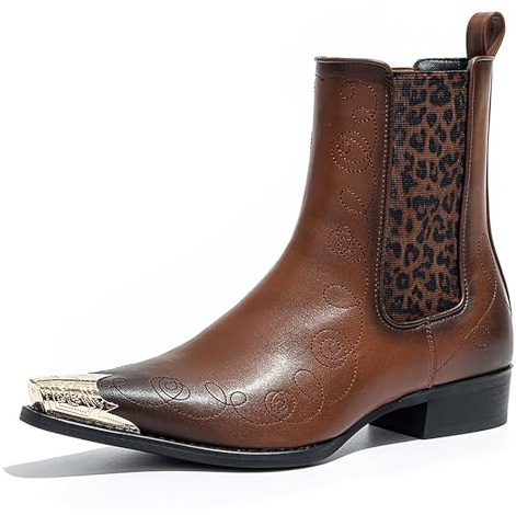 Men’s Western Chelsea Boots with Metal Toe Cap and Pointed Toe, Embroidered Cowboy Ankle Boots, Fashion Western Style Chelsea Boots for Party, Stage, and Streetwear
