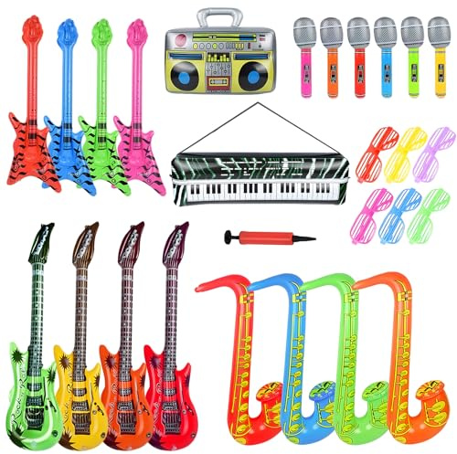 27PCS Inflatable Party Props, Inflatable Instruments Set, Blow Up Guitar, Saxophone Bass Microphone Radio Keyboard Glasses for 80s 90s Themed Disco Party Photo Booth Decorations