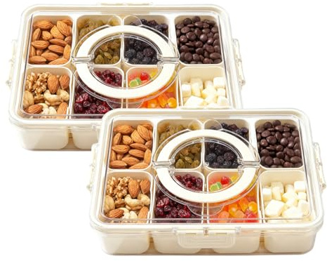 JF HOME BLISS Snackle Box with 8 Removable Compartments Divided Serving Tray with Airtight Lid & Handle Plastic Snack Container Organizer for Charcuterie Candy Fruits Nuts Travel Picnics (2Pcs)