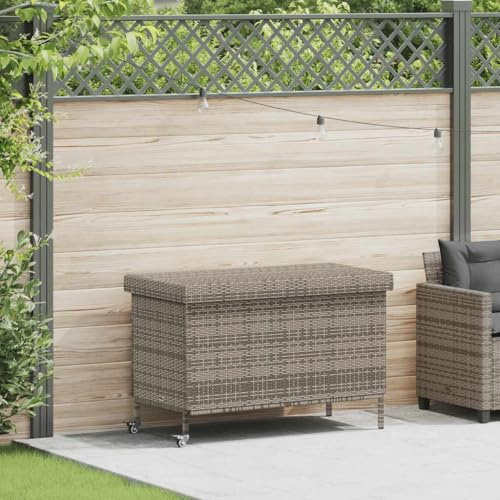 Teenpull Gartentruhe mit Rollen, Grau, 110x55x73 cm Poly Rattan, UV-beständige Outdoor Aufbewahrungsbox für Garten, Terrasse und Balkon, mit Gasfeder und wasserdichtem Innenbeutel