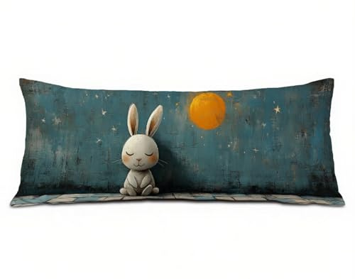 Seitenschläferkissen Bezug 40 x 145 cm Blau Seitenschläferkissen mit Unsichtbarem Reißverschluss, Leinen Atmungsaktiv Schwangerschaftskissen Body Pillow Kaninchen, für Deko Wohnzimmer Sofa R-1758