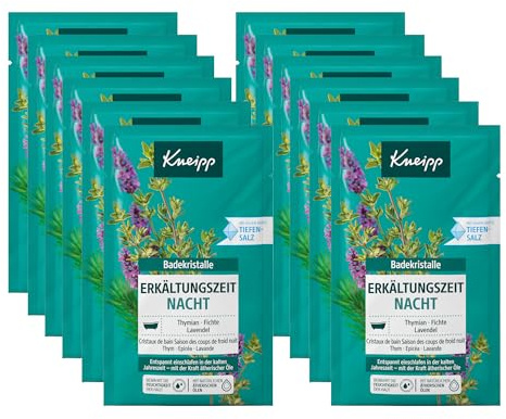 Kneipp Cristales de baño para resfriados nocturnos, con aceites esenciales de lavanda, tomillo y abeto, relajado para dormir en estaciones frías, 12 x 60 g