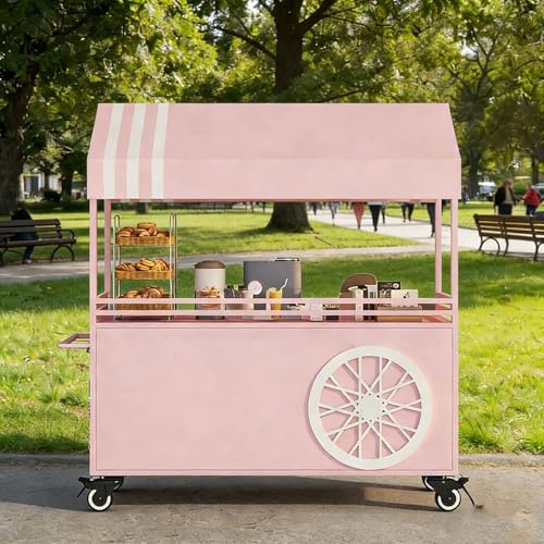 Portable Vendor Cart with Canopy, Mobile Market Stall with Lockable Wheels, Iron Outdoor Charcuterie Cart for Street Food Events