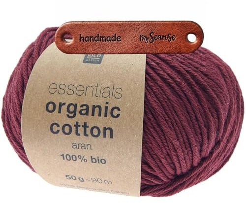 Rico Design ESSENTIALS ORGANIC COTTON ARAN 29 WEINROT Premium Wolle 50g Weiche Wintermode für Pullover Schals und gemütliche Wohnideen mit mySearose Label