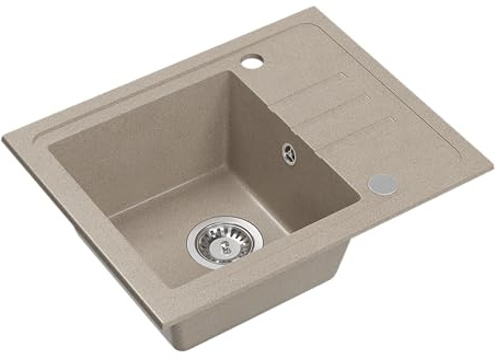 VBChome Spülbecken Granit Beige 55 x 44 cm Einzelbecken Einbauspüle Gesprenkelt Reversibel Küche Küchenspüle Granitspüle Siphon Waschbecken Beige Spülbecken