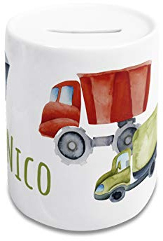 GRAZDesign Spardose Kinder Jungen mit Name | Lustige Autos personalisiertes Geschenk Geburtstag, Weihnachten, Taufe Keramik