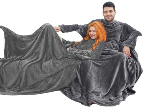 Plaid con Maniche e Tasca Centrale, Pile di Microfibra Grigio Chiaro 170x200 cm, Coperta Indossabile Flanella Divano con Le Maniche, Leggera e Calda