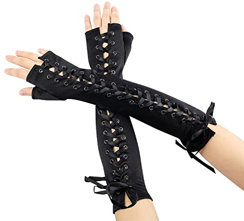 KINBOM 1 Paar Lange Fingerlose Handschuhe Damen Cosplay Zubehör Fingerlose Handschuhe für Frauen Fingerlose Handschuhe Damen Lang und Zubehör Modischsteampunk Handschuhe Damen Halloween (Schwarz)