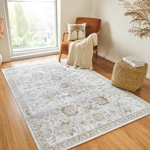 Livabliss Doha Teppich waschbar in der Waschmaschine - Vintage Teppich Groß für Wohnzimmer 160x213 cm, Schlafzimmer, Küche - Orientalischer Boho Teppiche, Elfenbein, Grau, Blau