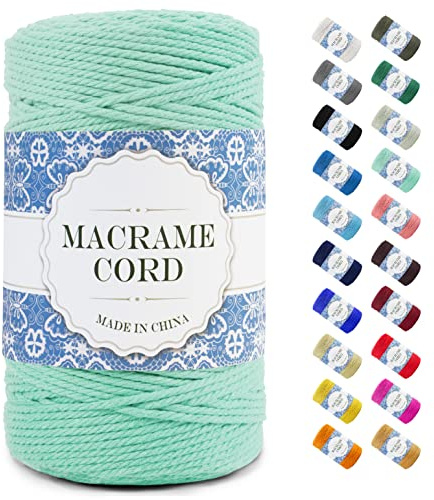 Uiopa Makramee Garn 3mm x 200m, Natürliche Baumwollgarn Baumwollkordel Farbig Baumwollschnur, Makramee-Garn Geflochten für DIY Basteln, Hängepflanze, Wandbehang, Weben Dekoration (Minzgrün)