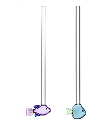 Ichendorf Milano Lot de 2 pailles Poissons Lilas et Vert plus Brosse | Collection Marine Garden | H 20 cm | Verre borosilicate | Fait à la main